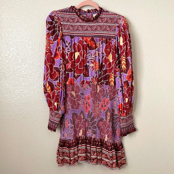 Farm Rio Dress Womens Large Purple Sweet Floral Mini Smocked Puff Sleeve‎ Boho - Picture 5 of 15
